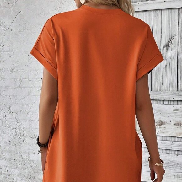 Burnt Orange Boho Womens  Solid Batwing Sleeve Hidden Pocket Tee Dress - Picture 2 of 5